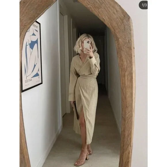 ZARA Dress Wrap Style Textured Midi Long Sleeve - Picture 3 of 12